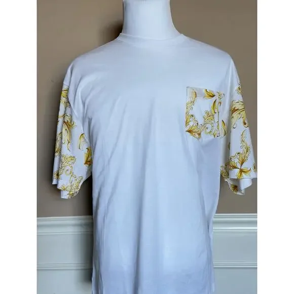 Versace Leafy Print Cotton Jersey T-Shirt White & Gold 5XL 1021353 Italy NWT